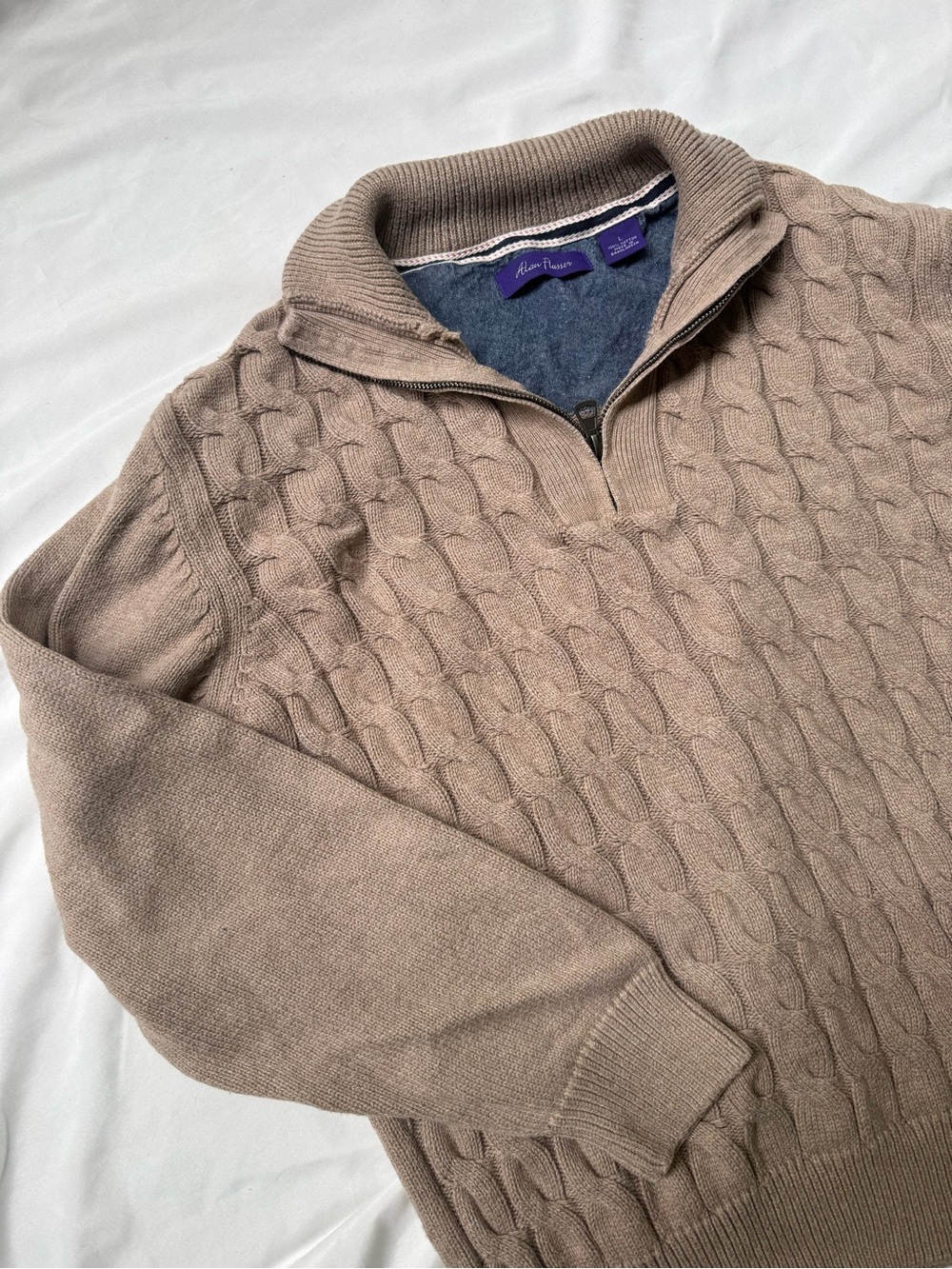 Alan Flusser Men’s Large Cable Knit Quarter Zip Sweater 100% Cotton Taupe